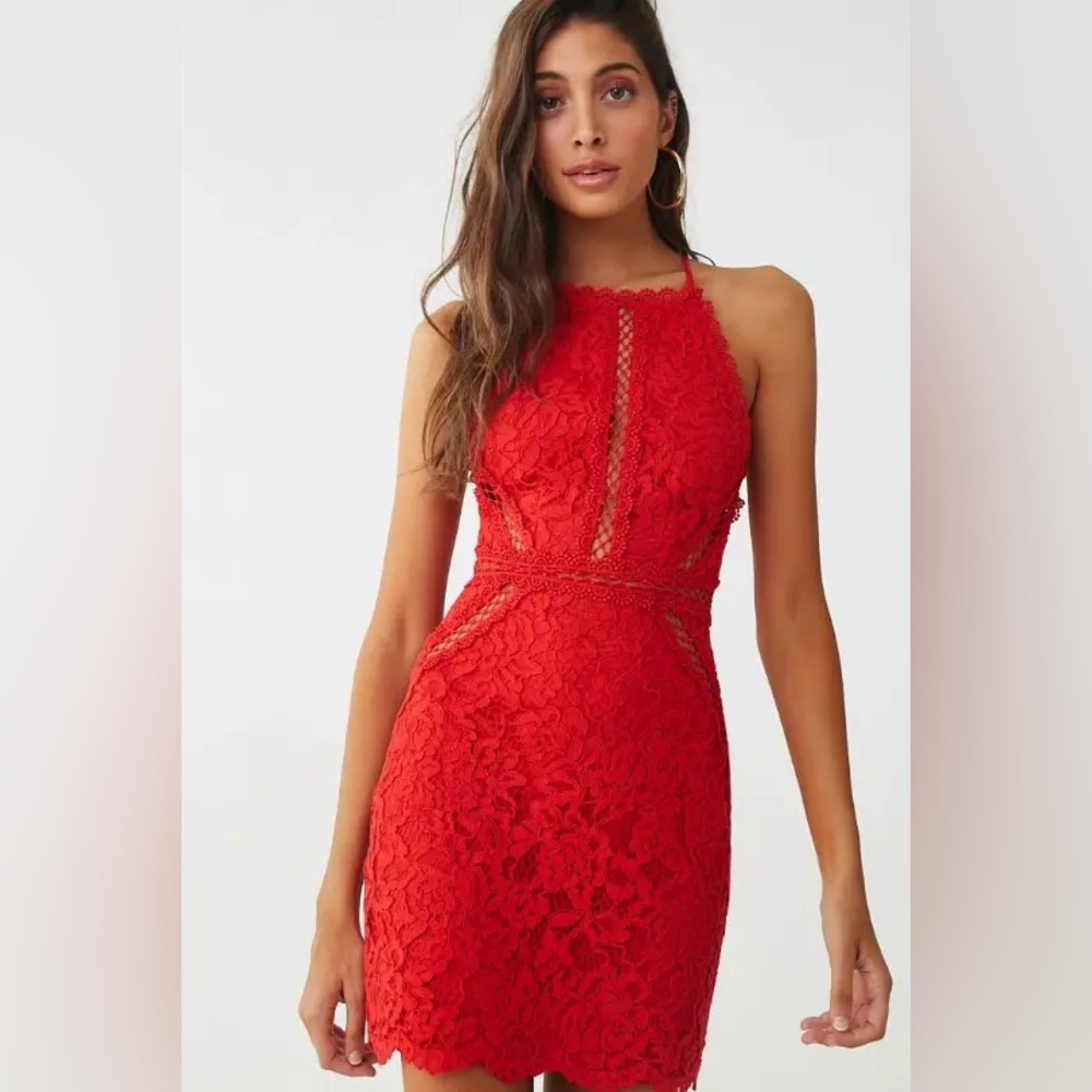 Red mini halter lace dress